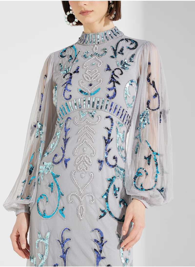 Frock and Frill Puff Sleeve Sequin Maxi Dress