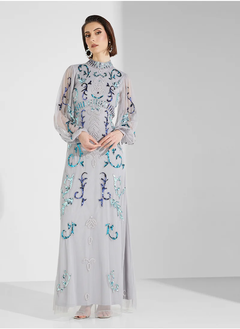 Frock and Frill Puff Sleeve Sequin Maxi Dress