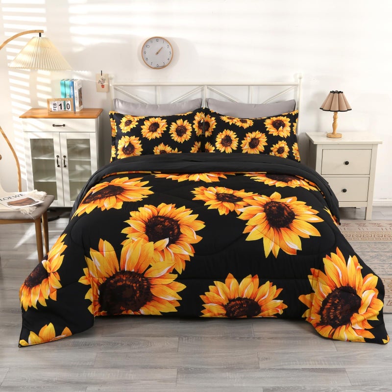Wowelife Sunflower Queen Comforter Sets Sunflower Bedding Set Queen Size Premium 5Piece Black Comforter Set and Soft for Teen Girls Boys and Adults