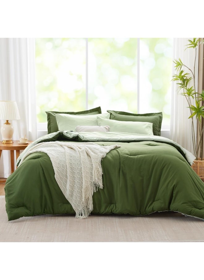 Generic Kozyhvn King Size Comforter Set 7 Pieces, Olive Green, Reversible Sage Green Bedding Set, Soft Bed in a Bag with Comforter, Sheets, Pillowcases & Shams, All Seasons Boho Bed Set  - Image 1