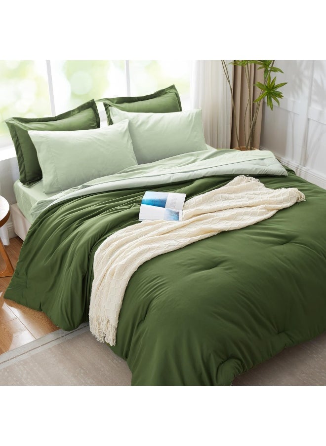 Generic Kozyhvn King Size Comforter Set 7 Pieces, Olive Green, Reversible Sage Green Bedding Set, Soft Bed in a Bag with Comforter, Sheets, Pillowcases & Shams, All Seasons Boho Bed Set  - Image 5