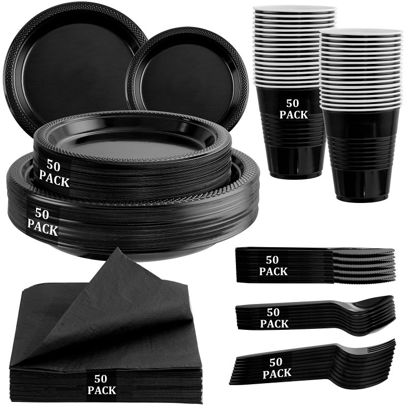 MirthMood 350PCS Black Disposable Plates Black Party Supplies Includes 50 Dinner Plates 50 Salad Plates 50 Silverware 50 Napkins and 50 12OZ Cups