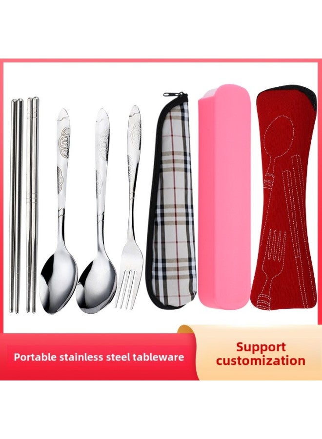 Portable Stainless Steel Tableware Three-piece Travel Tableware Chopsticks Spoon Fork LOGO Gift Tableware Set-Specifications:Cloth Bag Three-piece Set Sky Blue