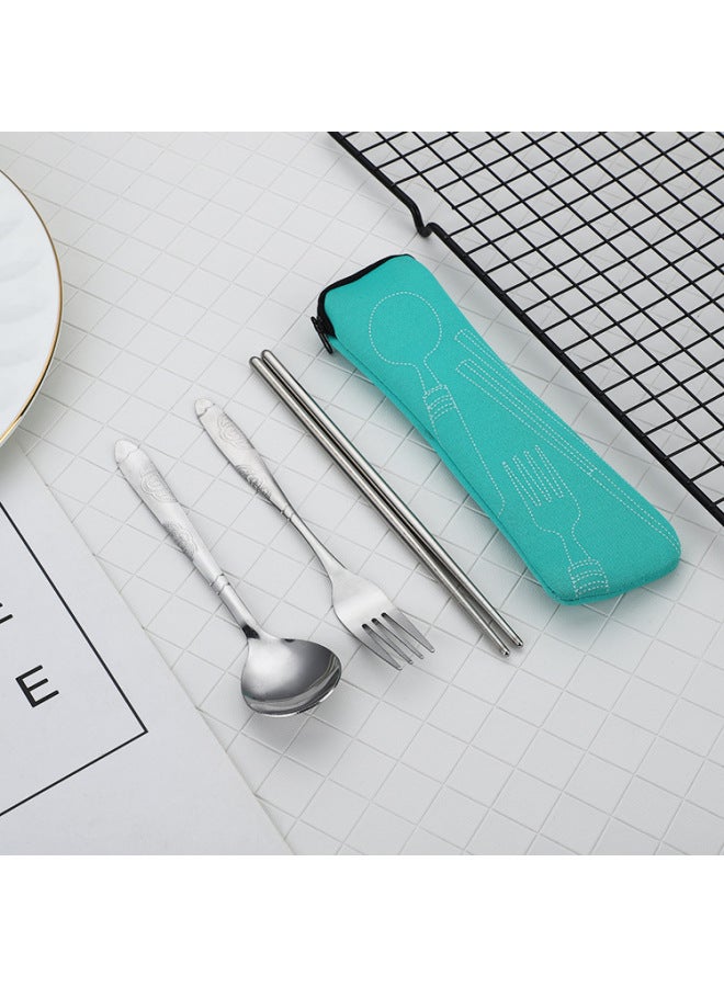 Portable Stainless Steel Tableware Three-piece Travel Tableware Chopsticks Spoon Fork LOGO Gift Tableware Set-Specifications:Cloth Bag Three-piece Set Sky Blue