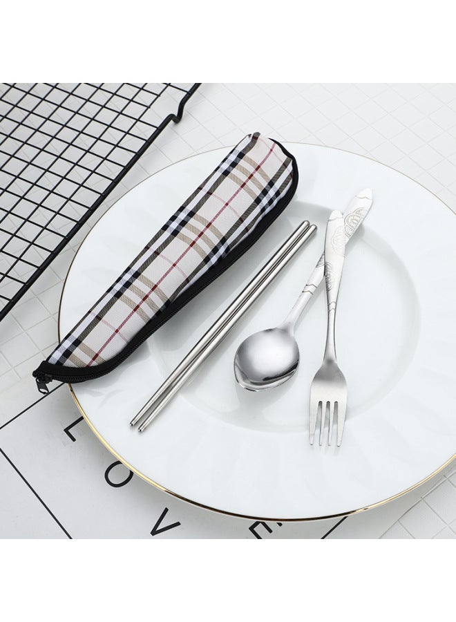 Portable Stainless Steel Tableware Three-piece Travel Tableware Chopsticks Spoon Fork LOGO Gift Tableware Set-Specifications:Cloth Bag Three-piece Set Sky Blue
