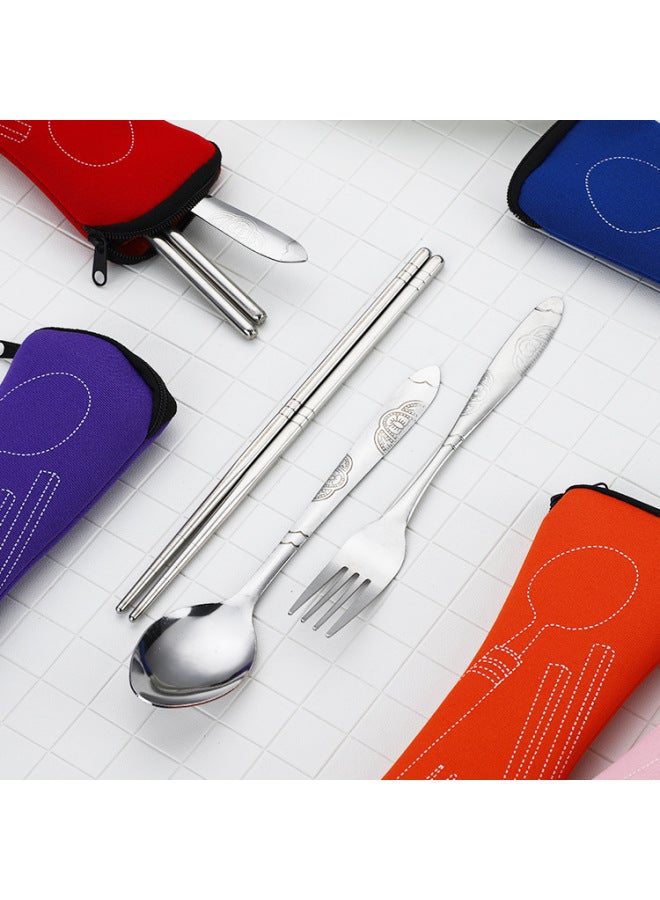 Portable Stainless Steel Tableware Three-piece Travel Tableware Chopsticks Spoon Fork LOGO Gift Tableware Set-Specifications:Cloth Bag Three-piece Set Sky Blue