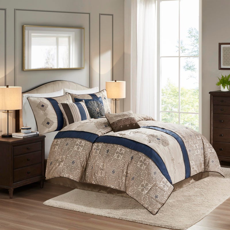 madison park Madison Park Comforter Faux SilkTraditional Luxurious Jacquard Design All Season Set Matching Bed Skirt Decorative Pillows Queen90x90 Navy 7 Piece 