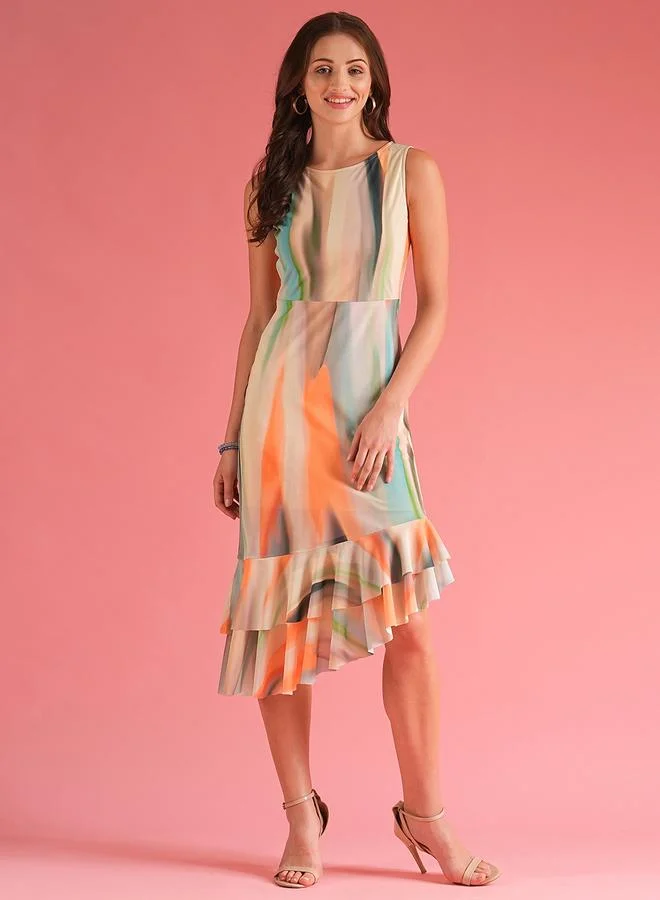 globus Globus Women Abstract Print Ruffled Asymmetric Hem Sheath Midi Dress