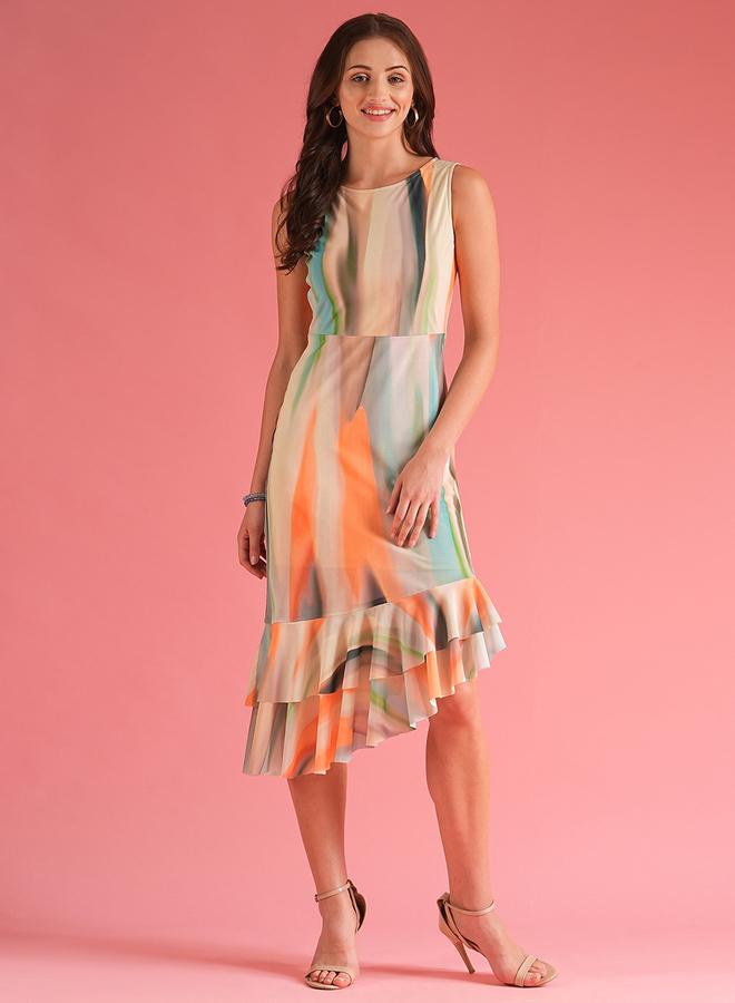 globus Women Abstract Print Ruffled Asymmetric Hem Sheath Midi Dress - Image 1