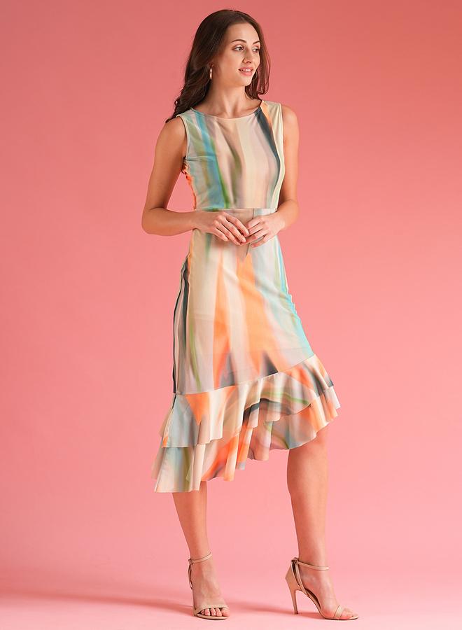 globus Women Abstract Print Ruffled Asymmetric Hem Sheath Midi Dress - Image 2