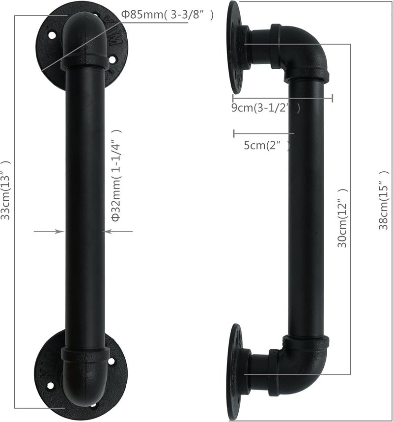 FOYO Set of 2 Industrial Pipe Door Pull Handle, Grab Bar, Towel Bar, Antique Rustic Cast Iron Handrail - Matte Black, 1-1/4"Diameter Pipe, 15 Inch - Image 2