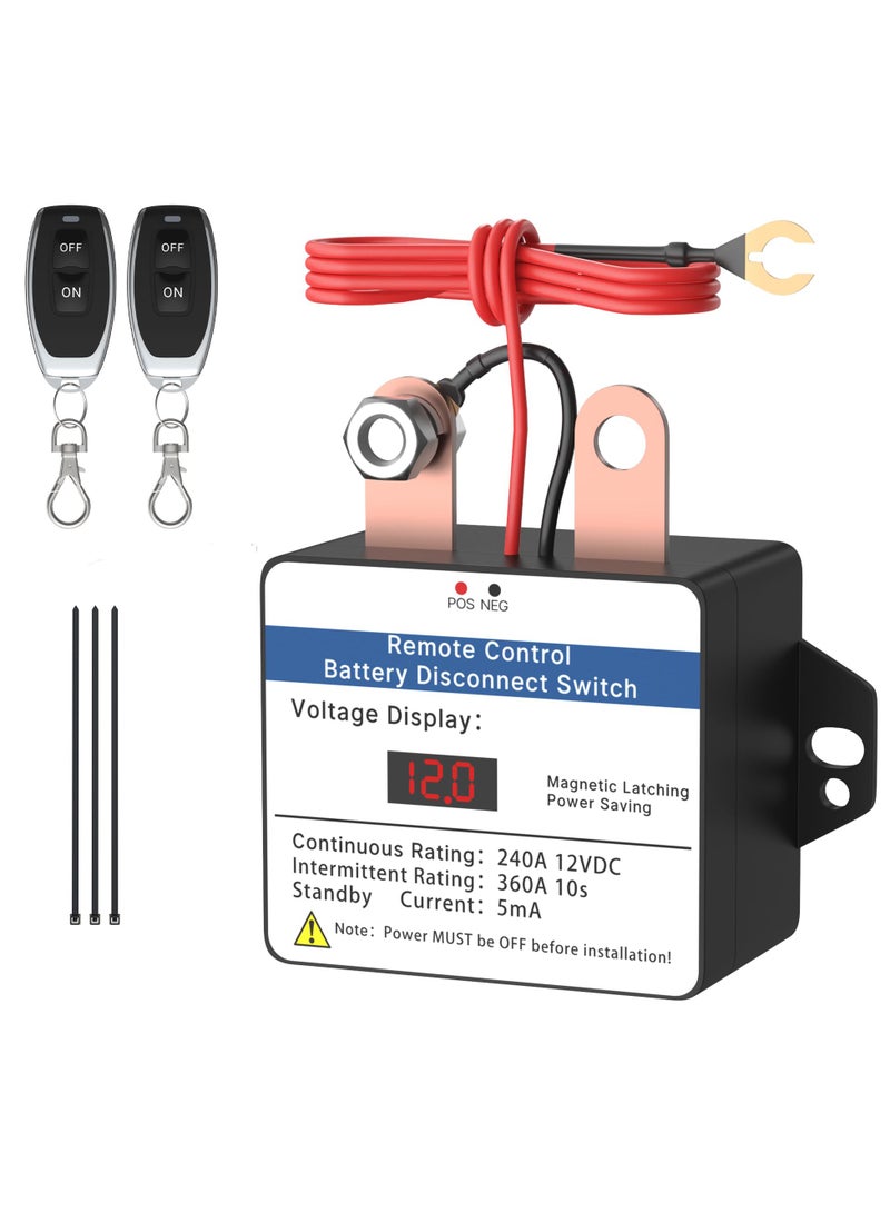 12V 360A Remote Battery Disconnect Switch with LED Voltmeter and Anti-Theft Control, Includes 2 Wireless Fobs for Cars, Trucks and Boats - Image 1