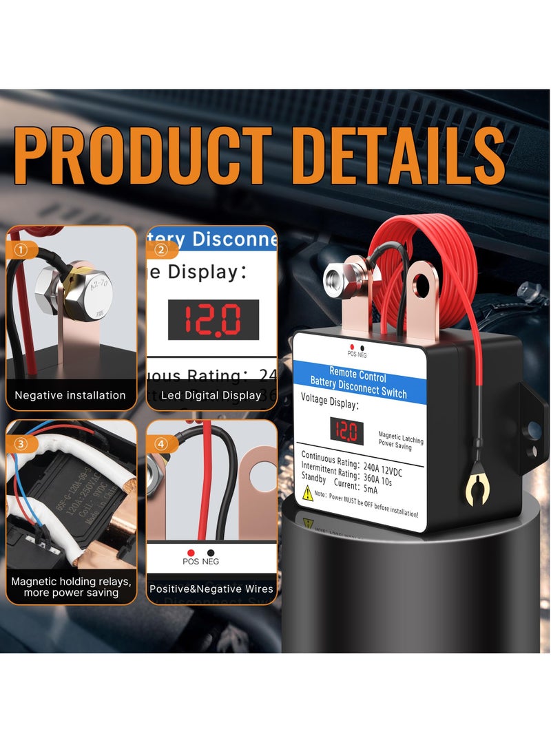 12V 360A Remote Battery Disconnect Switch with LED Voltmeter and Anti-Theft Control, Includes 2 Wireless Fobs for Cars, Trucks and Boats - Image 4