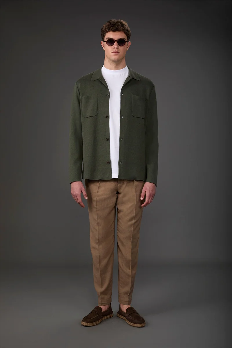 دوبل غانغر Men's shirt jacket with patch pockets, 100% cotton milano rib knit - Military