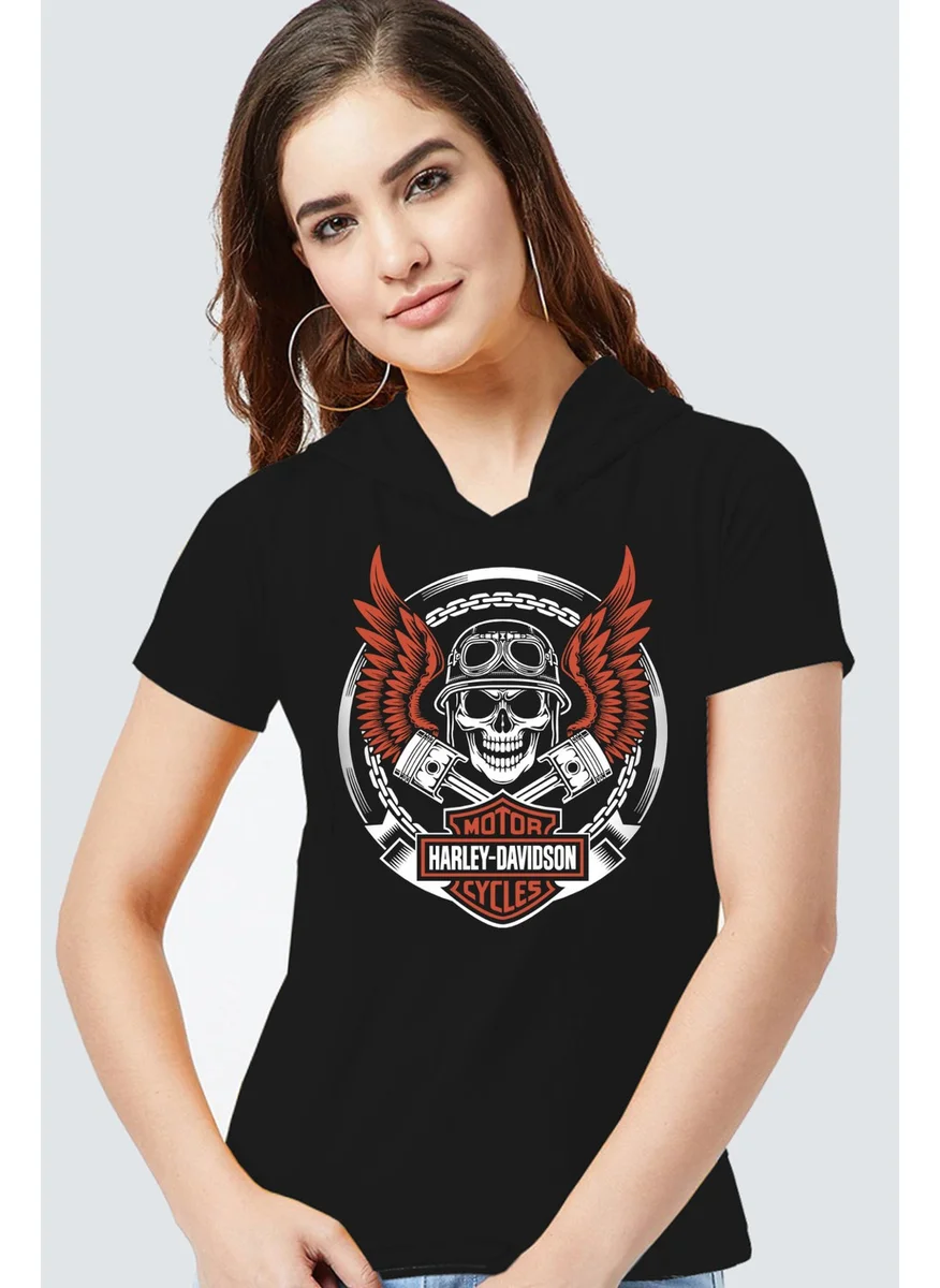 Rock&Roll Biker Skull Black Hooded Short Sleeve Women's T-Shirt