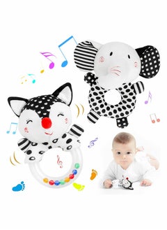 Baby Rattle Toys for 0-6 Months, 2Pcs Baby Handbell Grasping Toys, Newborn Soft Rattles Teething Ring, Sensory Plush Toy Set for 0 3 6 9 12 Month Infant Boys Girls Shower Gift (Elephant/Fox)