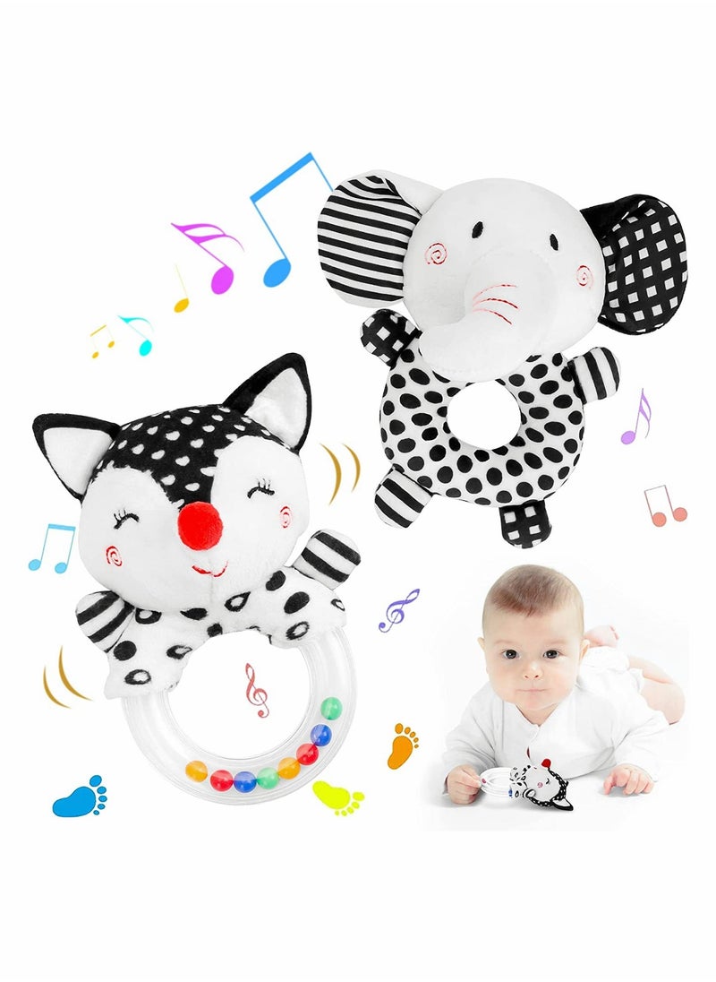 SYOSI - Baby Rattle Toys for 0-6 Months, 2Pcs Baby Handbell Grasping Toys, Newborn Soft Rattles Teething Ring, Sensory Plush Toy Set for 0 3 6 9 12 Month Infant Boys Girls Shower Gift (Elephant/Fox) - Image 1