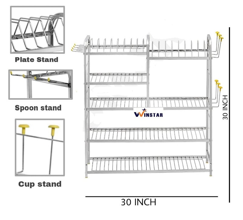 WINSTAR Stainless Steel 5 Layer Wall Mount Kitchen Dish Rack | Utensils Rack with Plate & Cutlery Stand | Modular Kitchen Storage Rack | Kitchen Organizer (31x30 Upper Plate) - Image 4