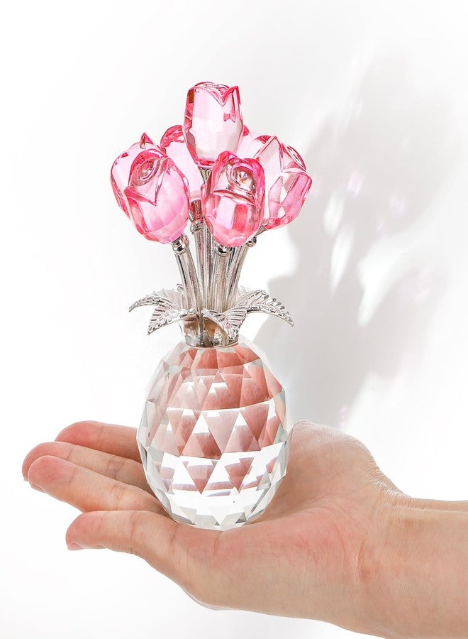 Hedume Crystal Rose Bouquet Flower Figurine with Round Vase, Handmade Pink Crystal Rose Flower Gifts for Valentine's Day, Mother's Day, Christmas, Birthday, Anniversary, Wedding Home Decorations - Image 4