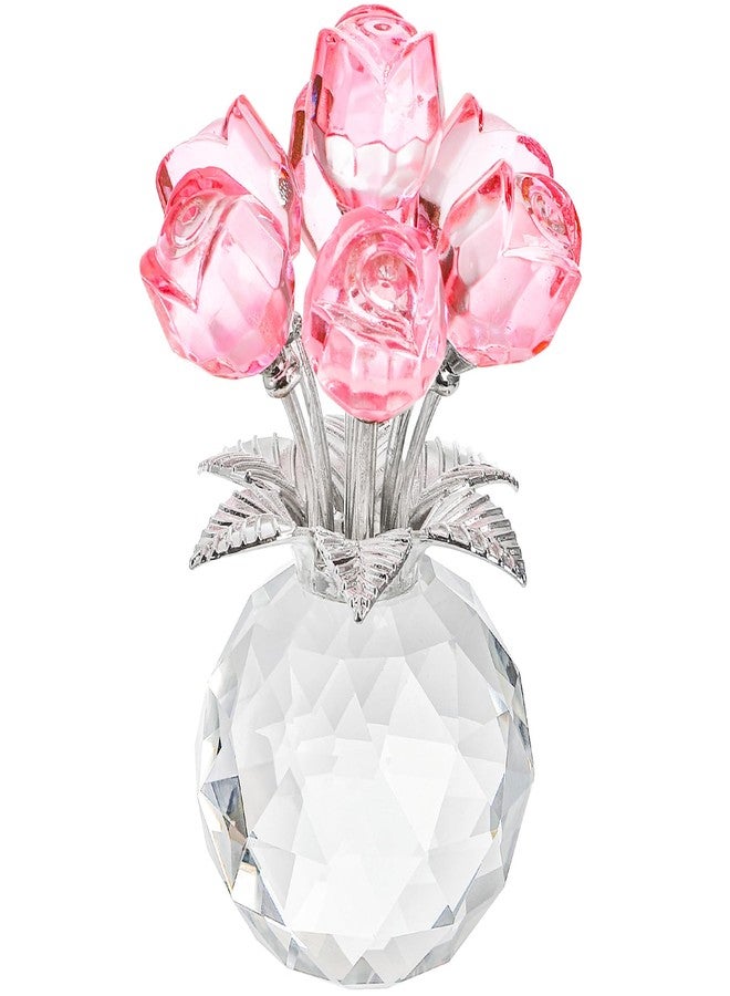 Hedume Crystal Rose Bouquet Flower Figurine with Round Vase, Handmade Pink Crystal Rose Flower Gifts for Valentine's Day, Mother's Day, Christmas, Birthday, Anniversary, Wedding Home Decorations - Image 1
