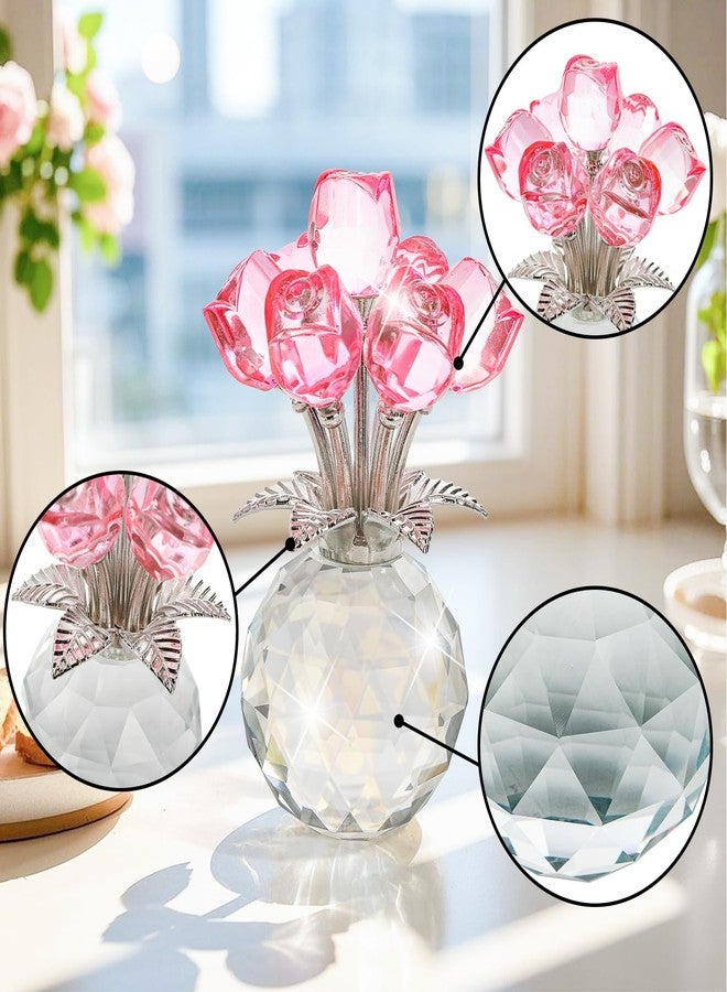 Hedume Crystal Rose Bouquet Flower Figurine with Round Vase, Handmade Pink Crystal Rose Flower Gifts for Valentine's Day, Mother's Day, Christmas, Birthday, Anniversary, Wedding Home Decorations - Image 3