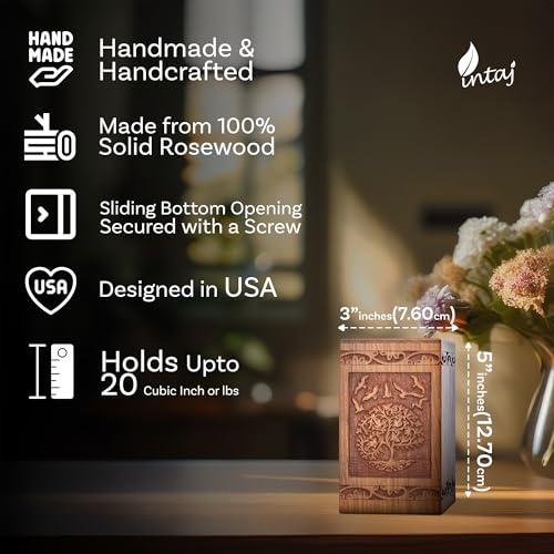 INTAJ Tree of Life Wooden Urn for Human Ashes 20lbs Capacity Suitable for Burial for Men Women Mom Dad Mini Rosewood Keepsake Cremation Urn for Ashes Handcrafted Wooden Carved Box - Image 3