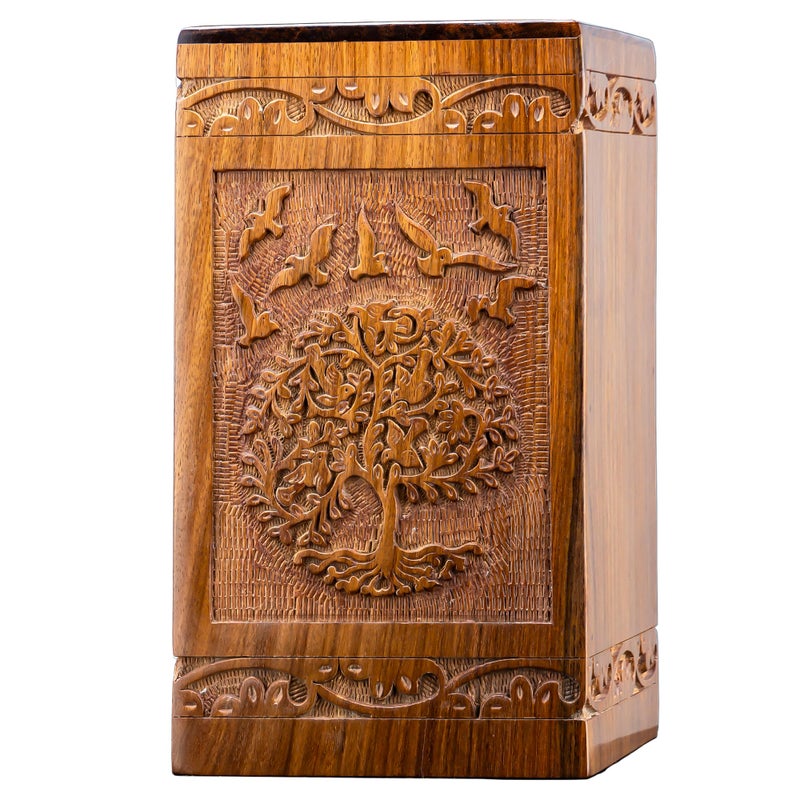 INTAJ Tree of Life Wooden Urn for Human Ashes 20lbs Capacity Suitable for Burial for Men Women Mom Dad Mini Rosewood Keepsake Cremation Urn for Ashes Handcrafted Wooden Carved Box - Image 2