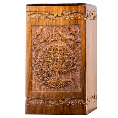 INTAJ Tree of Life Wooden Urn for Human Ashes 20lbs Capacity Suitable for Burial for Men Women Mom Dad Mini Rosewood Keepsake Cremation Urn for Ashes Handcrafted Wooden Carved Box - Image 1