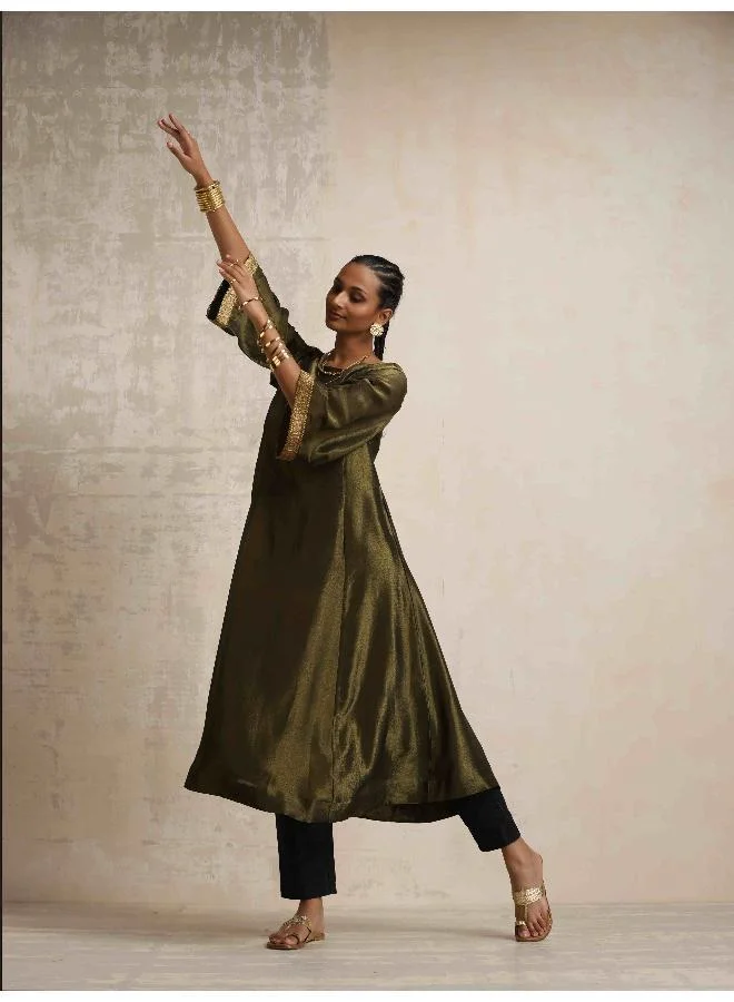 trueBrowns Olive Green Tissue Flared Anarkali Kurta Set