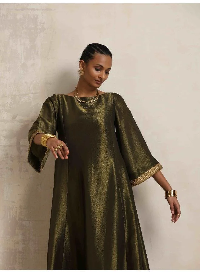 trueBrowns Olive Green Tissue Flared Anarkali Kurta Set