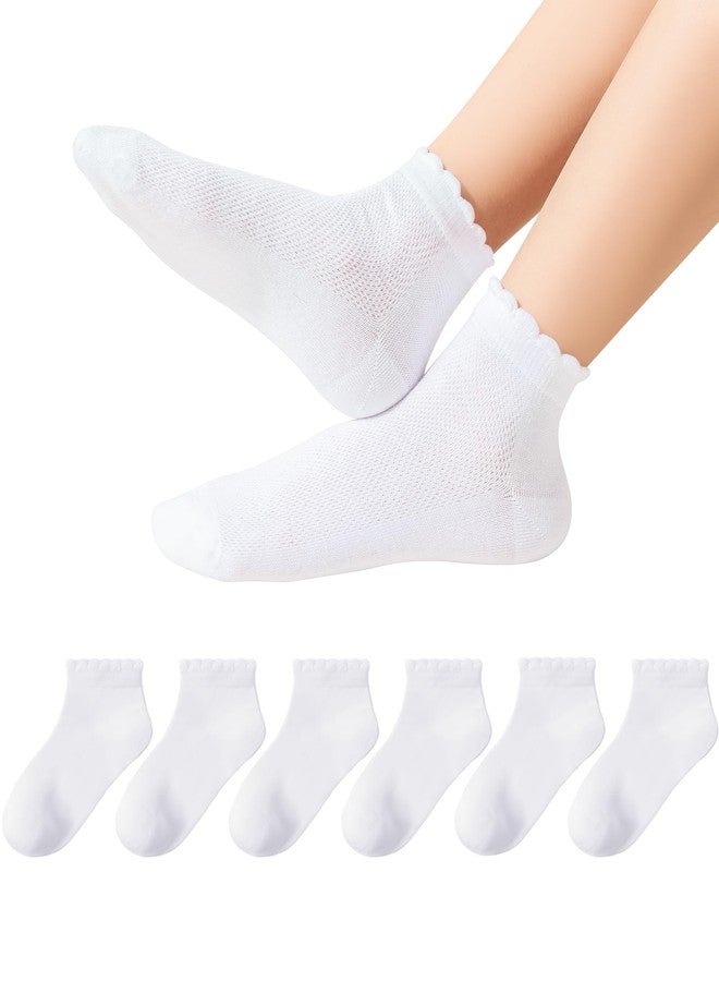 Funjoon Girls White Ruffle Socks School Uniform Kids Cotton Crew Ankle Cute Frilly Dress Socks 6 Pack, white 6-8Y - Image 1
