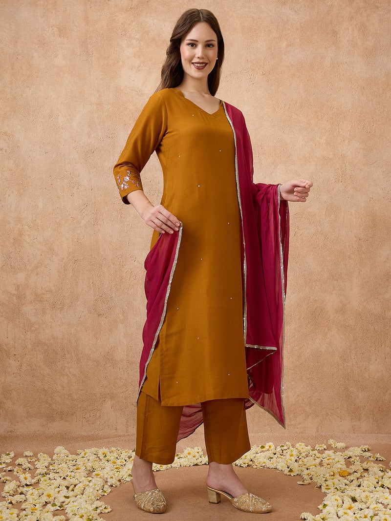 globus Globus Women V-Neck Sequinned Straight Kurta With Pants & Contrast Dupatta Festive Set  - Image 2