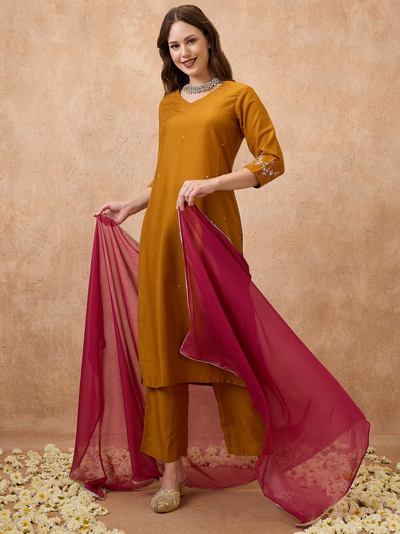 globus Globus Women V-Neck Sequinned Straight Kurta With Pants & Contrast Dupatta Festive Set  - Image 1
