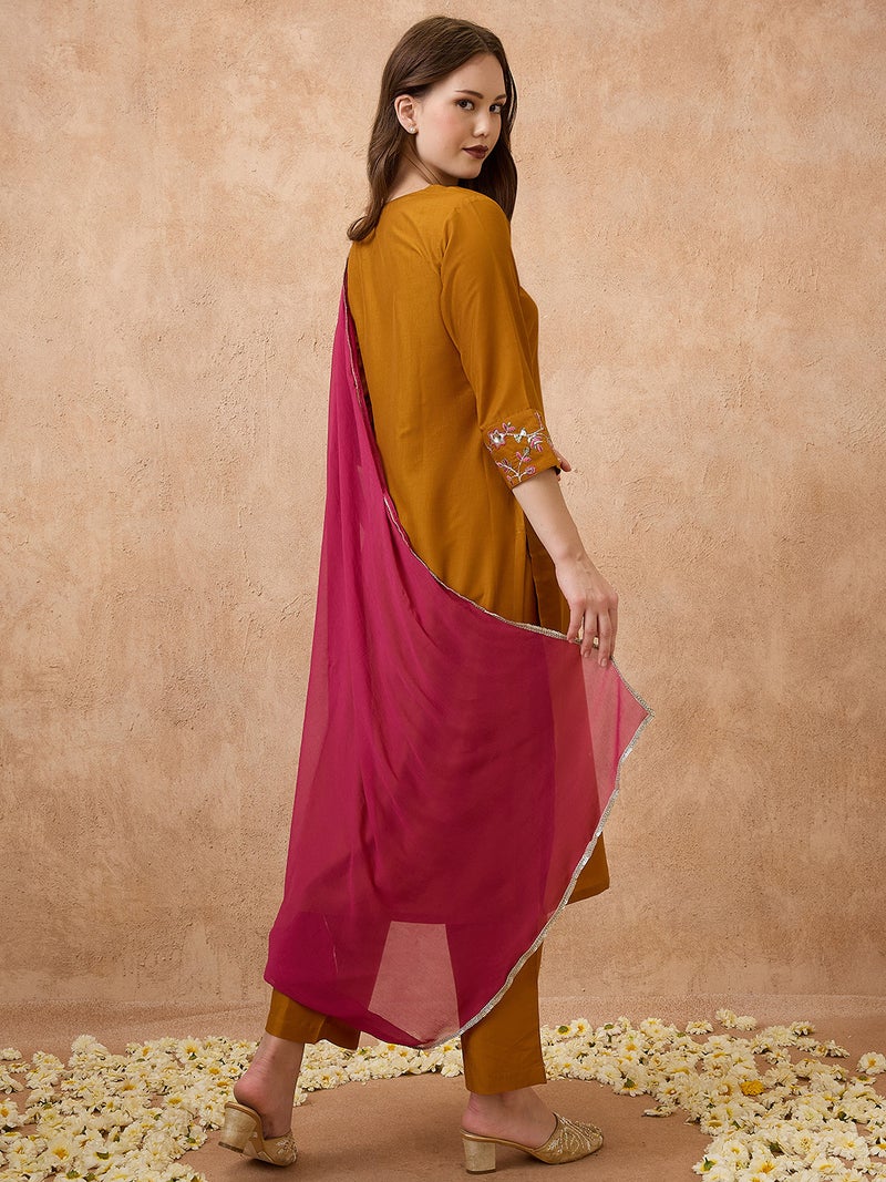 globus Globus Women V-Neck Sequinned Straight Kurta With Pants & Contrast Dupatta Festive Set  - Image 3