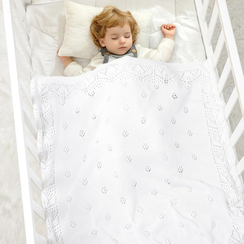 LAWKUL Cellular Blanket Baby 100 Cotton Knitted Soft Knit Crochet Blankets for Newborn Boy Girls Infants White 100x80cm - Image 3