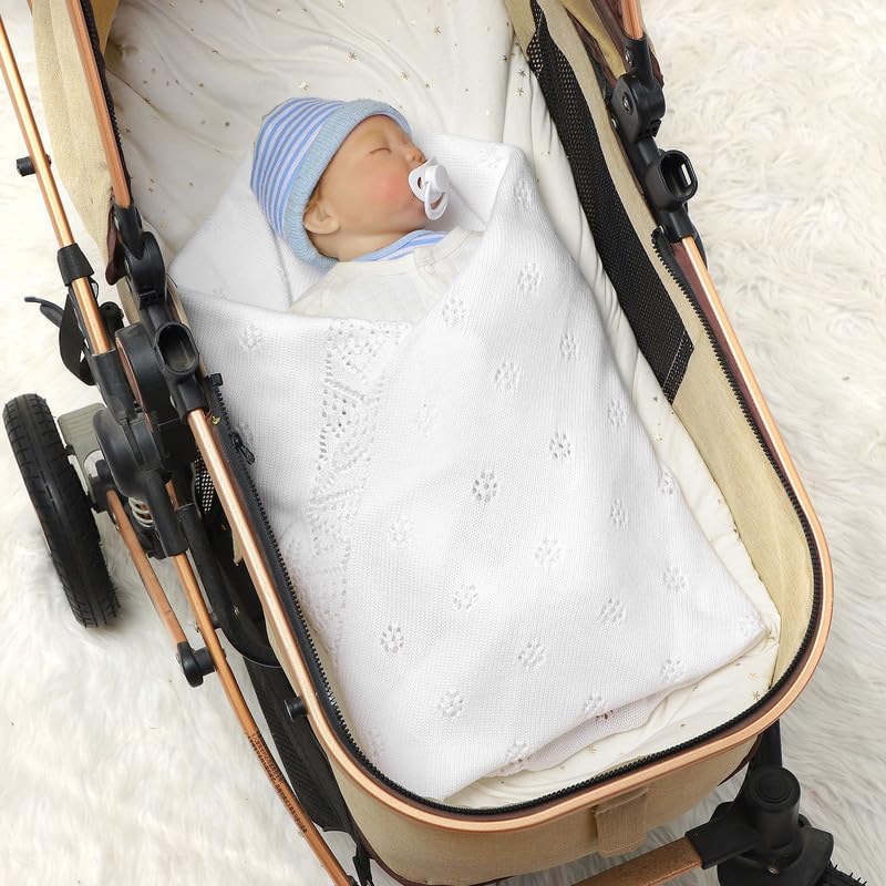 LAWKUL Cellular Blanket Baby 100 Cotton Knitted Soft Knit Crochet Blankets for Newborn Boy Girls Infants White 100x80cm - Image 2