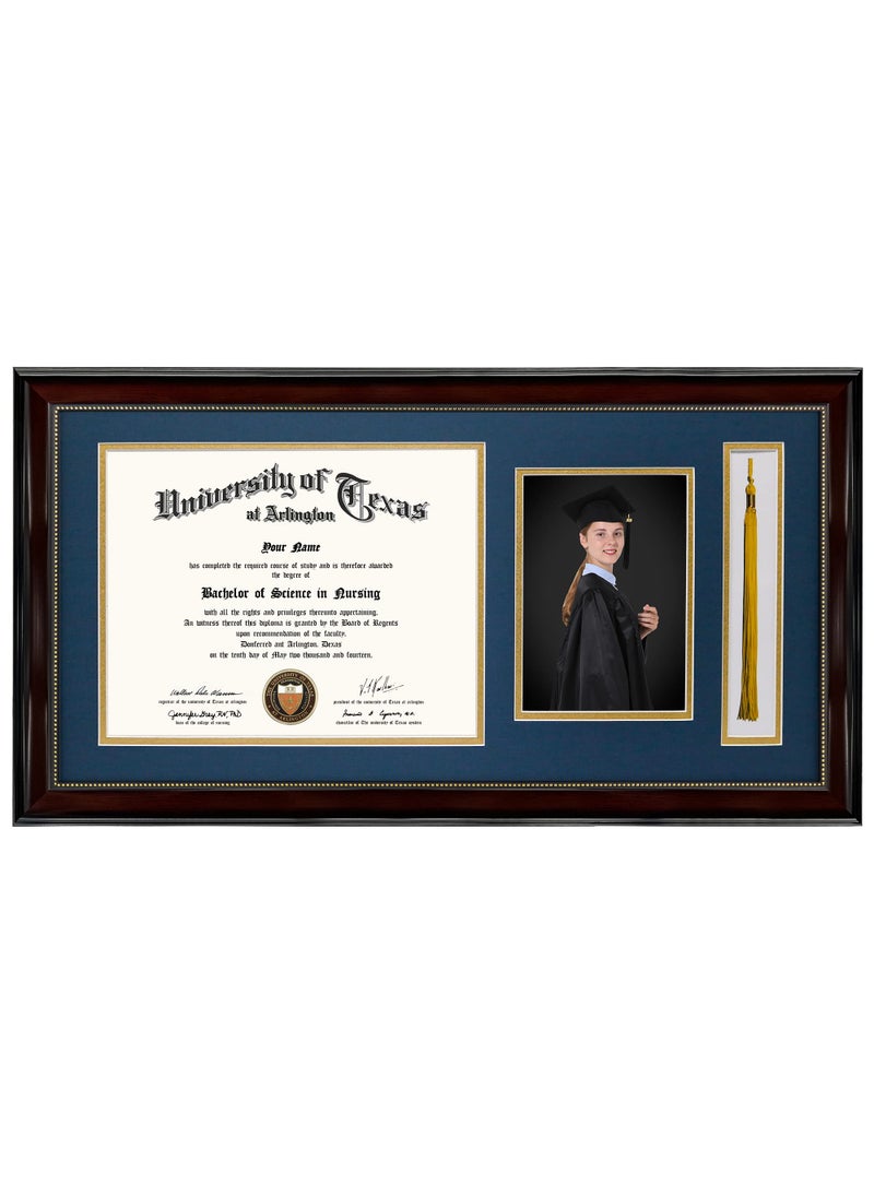 GraduationMall GraduationMall 11x22 Mahogany Diploma Frame with Tassel Holder and Picture for 85x11 Certificate 5x7 PhotoReal GlassNavy over Gold Mat 