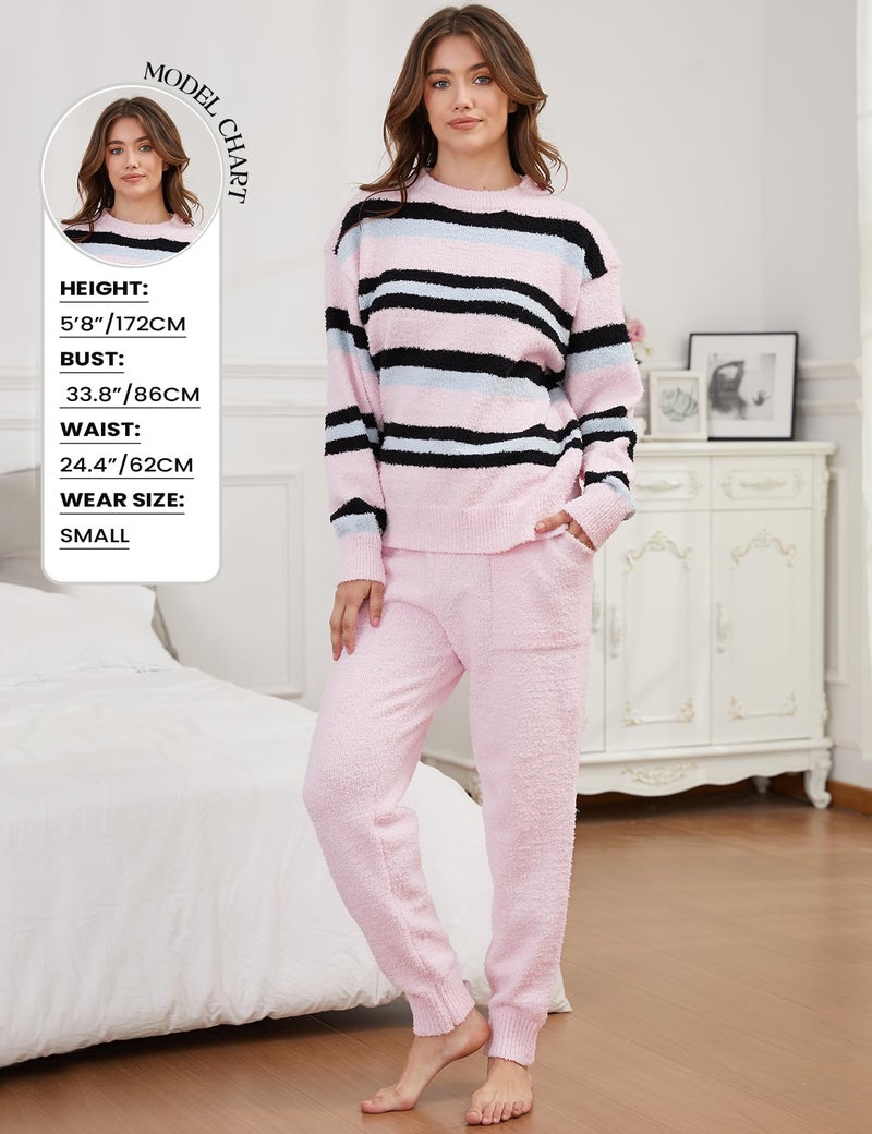 Yimoon Women's Striped Fuzzy Fleece Pajama Sets Slouchy Comfy Long Sleeve Top and Pants 2 Piece Matching Lounge Sets (Pink-L) - Image 4