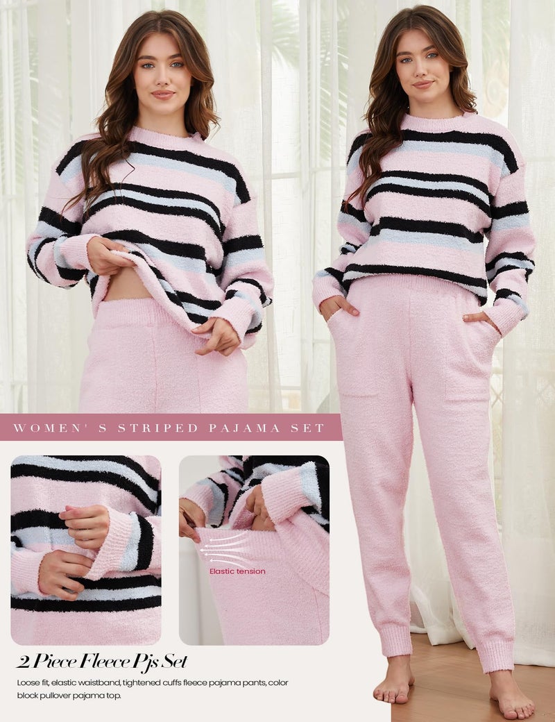 Yimoon Women's Striped Fuzzy Fleece Pajama Sets Slouchy Comfy Long Sleeve Top and Pants 2 Piece Matching Lounge Sets (Pink-L) - Image 3