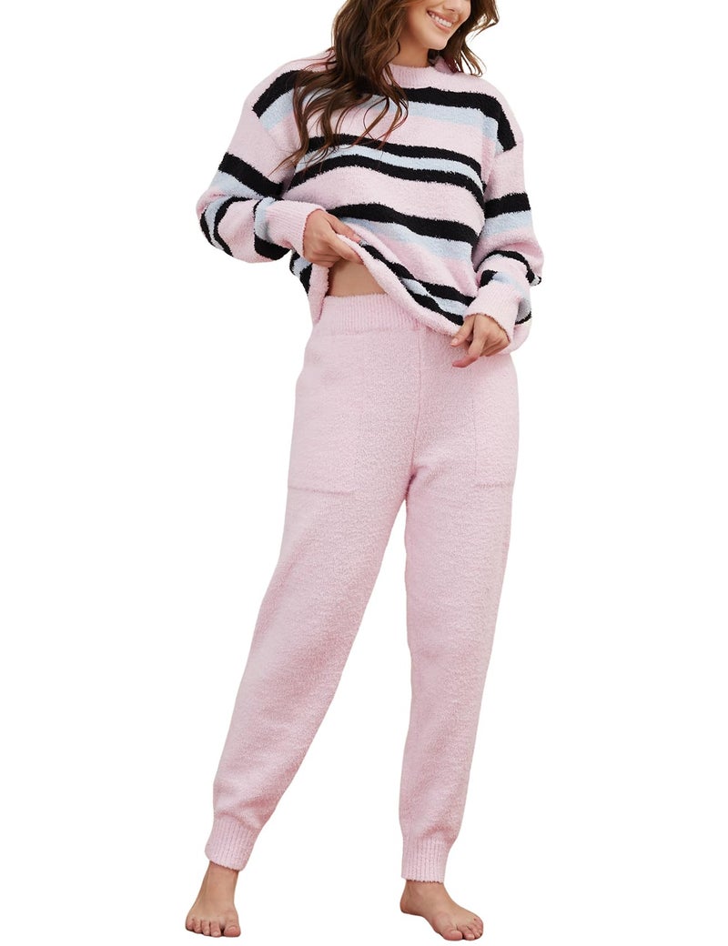 Yimoon Women's Striped Fuzzy Fleece Pajama Sets Slouchy Comfy Long Sleeve Top and Pants 2 Piece Matching Lounge Sets (Pink-L) - Image 1