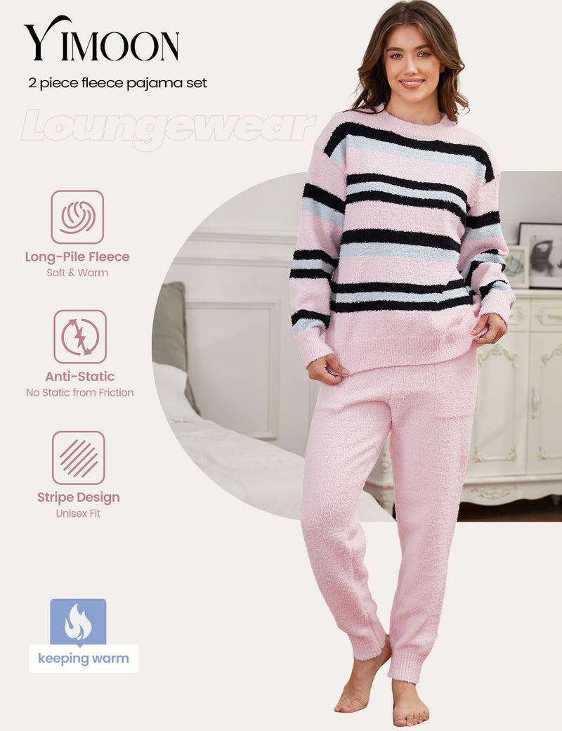 Yimoon Women's Striped Fuzzy Fleece Pajama Sets Slouchy Comfy Long Sleeve Top and Pants 2 Piece Matching Lounge Sets (Pink-L) - Image 5