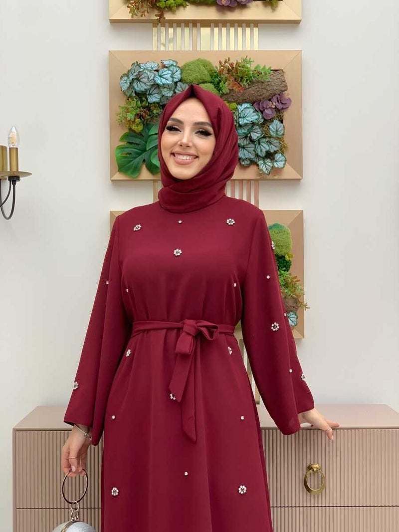 Bym Fashion Bym Stone Detailed Waist Belted Dress 3797 Claret Red - Image 4