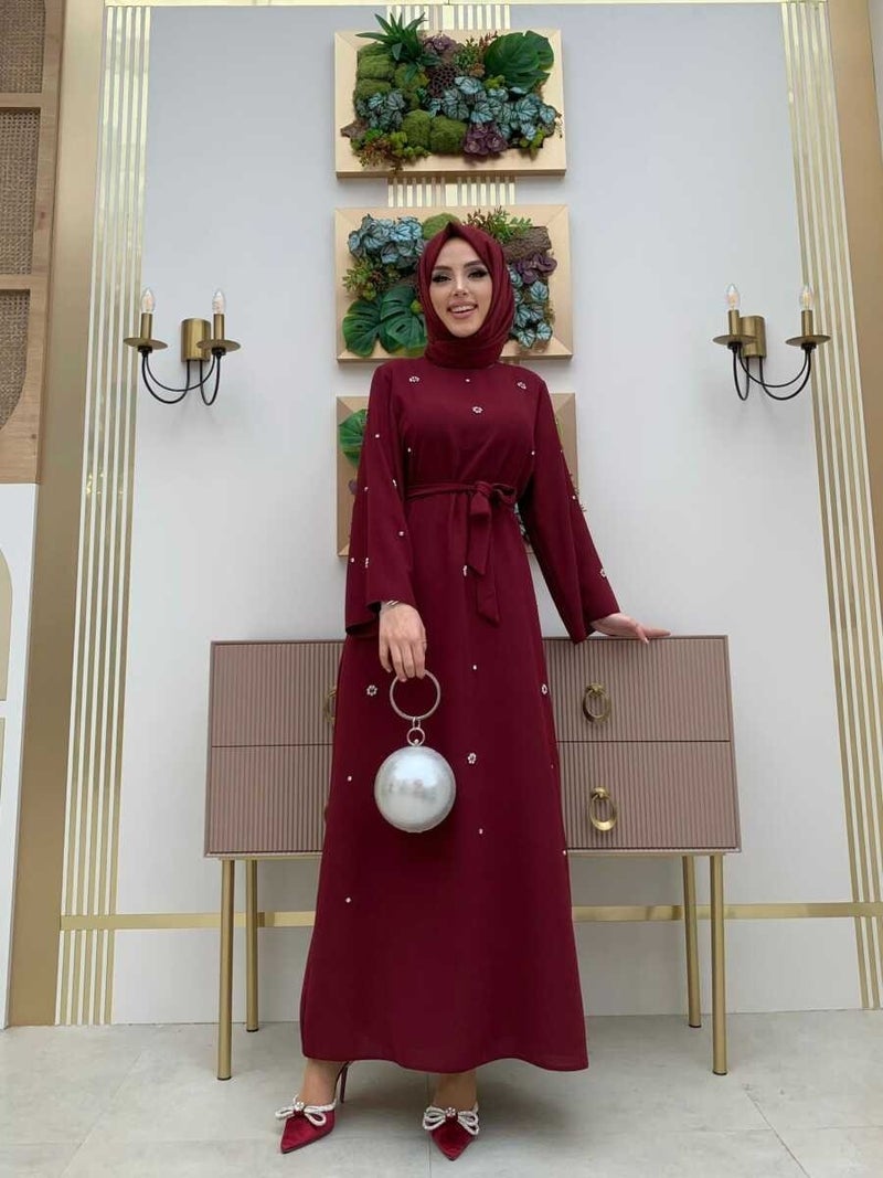 Bym Fashion Bym Stone Detailed Waist Belted Dress 3797 Claret Red - Image 1