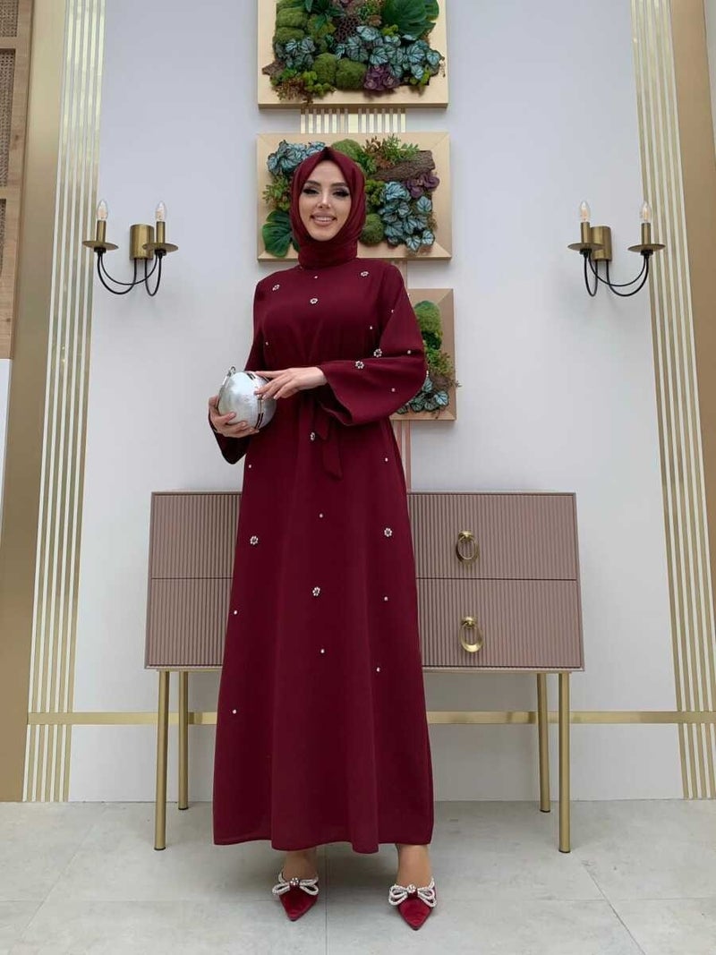 Bym Fashion Bym Stone Detailed Waist Belted Dress 3797 Claret Red - Image 2