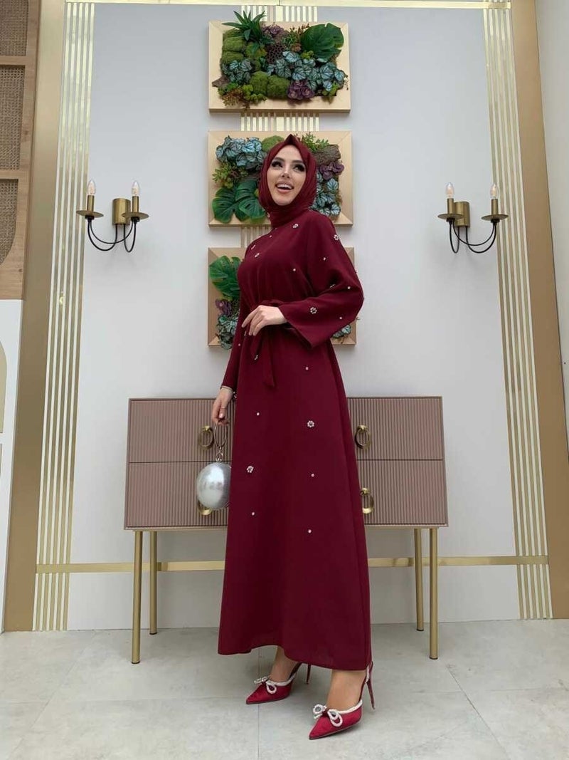 Bym Fashion Bym Stone Detailed Waist Belted Dress 3797 Claret Red - Image 3
