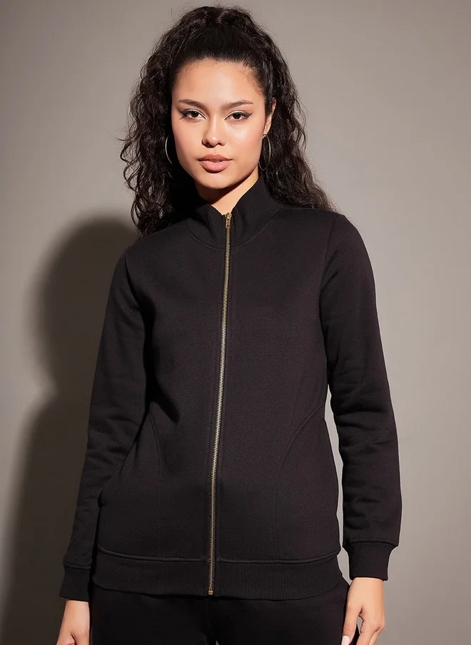 ساسافراس جاكيت بومبر بياقة عالية للنساء أسود