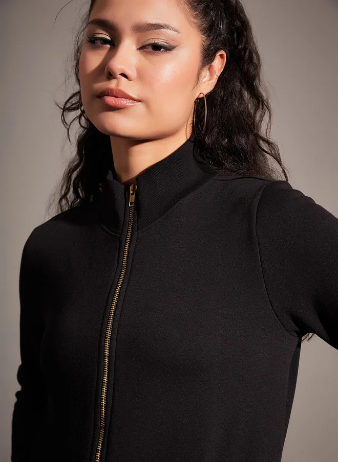 ساسافراس جاكيت بومبر بياقة عالية للنساء أسود