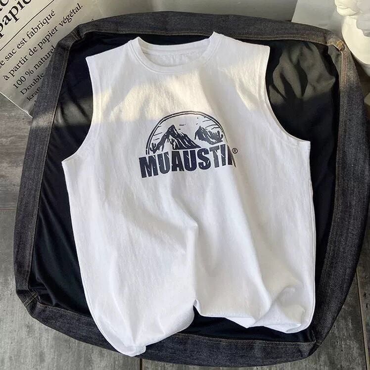 Summer Mountain Vest Mens Loose Trendy Sleeveless Tee Black