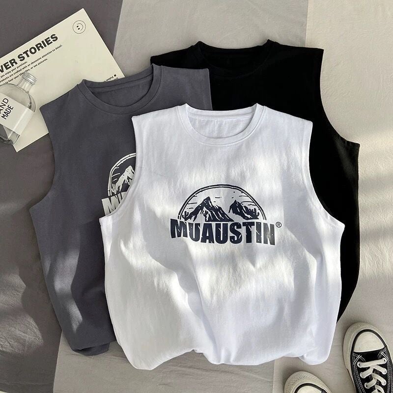 Summer Mountain Vest Mens Loose Trendy Sleeveless Tee Black