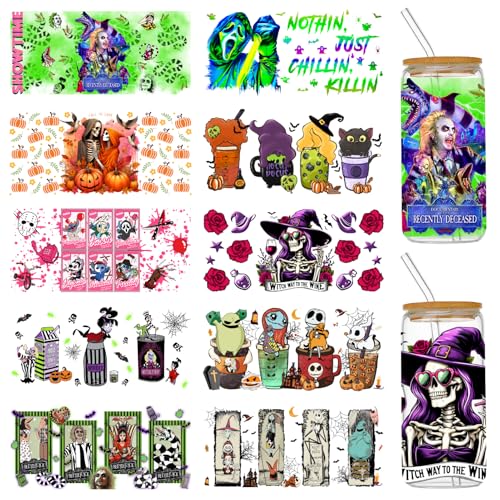 Coowayze Halloween UV DTF Cup Wraps for 16 oz Glass Cups 10 Sheets Rub on Transfers for Crafts Uvdtf Decals Stickers for Tumblers Libbey Cups Furniture Wood Vinyl Wrap Bulk - Image 1